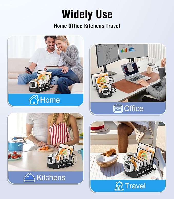 [2025 Upgraded] 6 IN 1 Fast Charging Station for Multiple Device【Durable & Safe Charging】6 Ports Charging Dock Organizer with 6 Cables & 2 Stands for Cellphone/Tablet/Kindle/iWatch & Other Electronic