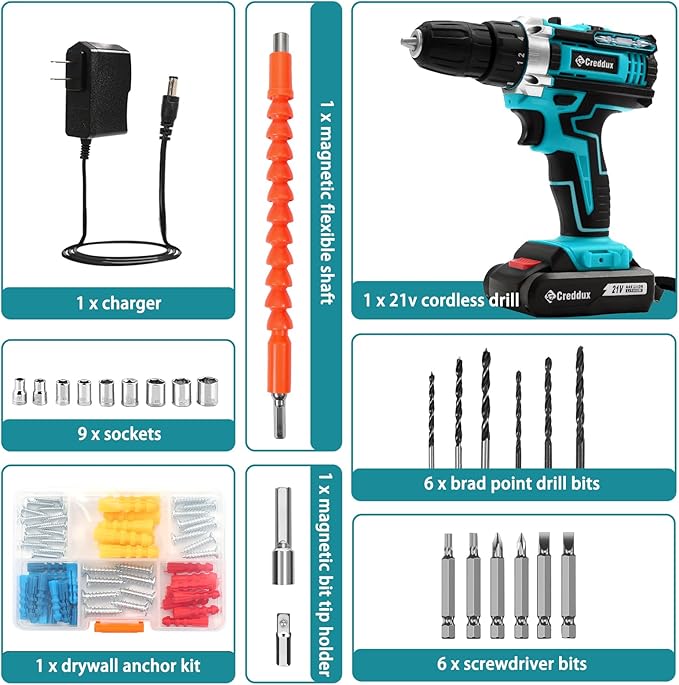 Cordless Drill Set 21v Power Drill Cordless With Battery & Charger, 84pcs Accessories Electric Drills Variable Speed, 3/8" Keyless Chuck, Built-In Level and 2 Driver Bule kit