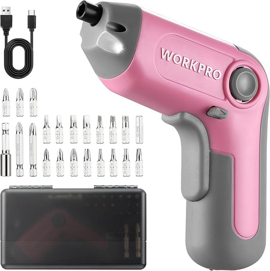 WORKPRO Electric Cordless Screwdriver with Offset Driving Shaft, 3.6V Automatic Rechargeable Screw Driver with 22PCS Bits, Battery Powered Automatic Screw Gun with LED Light & Carry Case - Pink Ribbon