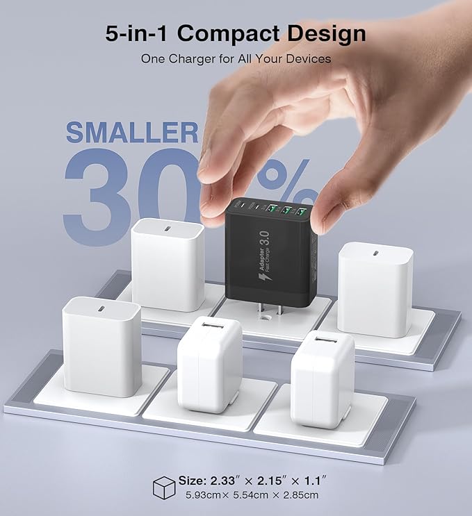 [2-Pack] USB C Wall Charger, 50W Fast USB C Charger Block, 5-Port PD Power Adapter + QC Wall Plug Multiport Type C Charging Block Cube Compatible with iPhone 16 15 14 13 12 11 Pro Max XR XS, Black