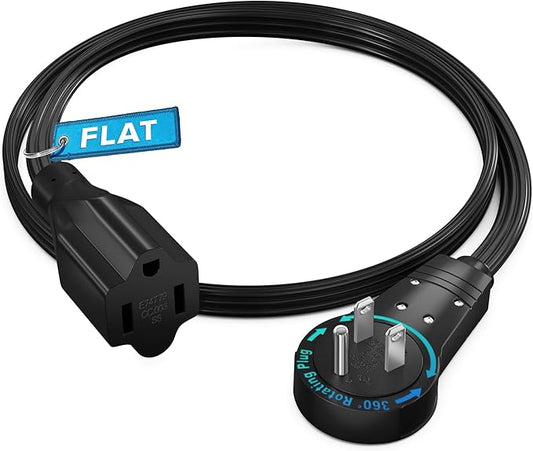 Maximm 360° Rotating Flat Plug Extension Cord 1 feet Flat Extension Cord Under Carpet with Slim Space-Saving Plug Design, Low Profile Extension Cord (Black)