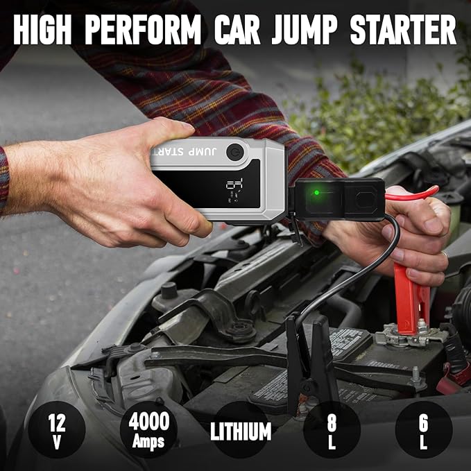 Car Battery Jump Starter 4000A Peak, Portable Battery Jumper Starter Up to 8.0L Gas & 6.0L Diesel Engines, 12V Car Jumper Battery Pack Charger with Flashlight