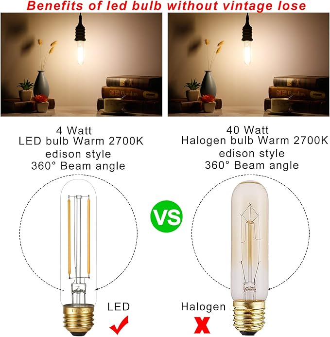 LiteHistory Dimmable E26 LED Bulb 4W Equal 40 Watt Warm White 2700K E26 Edison AC120V 400lm Tubular T9 T10 LED Light Bulb for Rustic Pendant,Chandeliers,Wall sconces 6Pack
