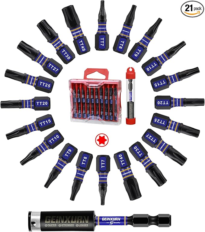 20Pieces 1 In. Impact Security Torx Screwdriver Bit Set, Magnetic Multi-Torx Head(T7-T40) Insert Bits, S2 Alloy Steel Star Bits with 1Pc Impact Bit Holder and Storage M-Box