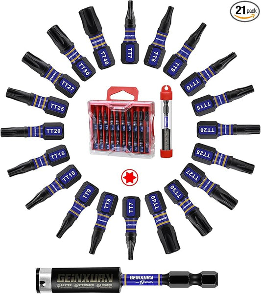 20Pieces 1 In. Impact Security Torx Screwdriver Bit Set, Magnetic Multi-Torx Head(T7-T40) Insert Bits, S2 Alloy Steel Star Bits with 1Pc Impact Bit Holder and Storage M-Box