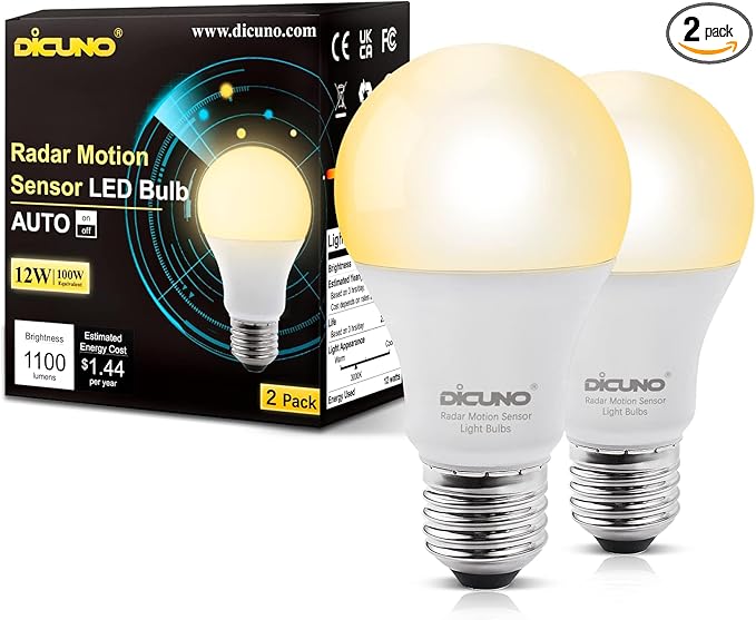 DiCUNO Radar Motion Sensor Light Bulbs Outdoor, 12W (100W Equivalent), Motion Sensor Bulb Auto On/Off, Warm White 3000K, 1100 LM, A19 E26 Indoor/Outdoor Lighting for Front Porch Garage, 2-Pack