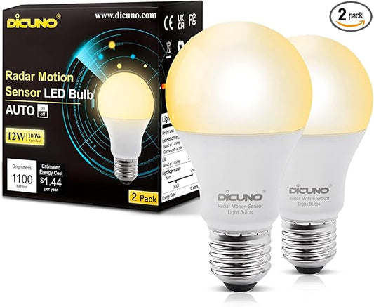DiCUNO Radar Motion Sensor Light Bulbs Outdoor, 12W (100W Equivalent), Motion Sensor Bulb Auto On/Off, Warm White 3000K, 1100 LM, A19 E26 Indoor/Outdoor Lighting for Front Porch Garage, 2-Pack