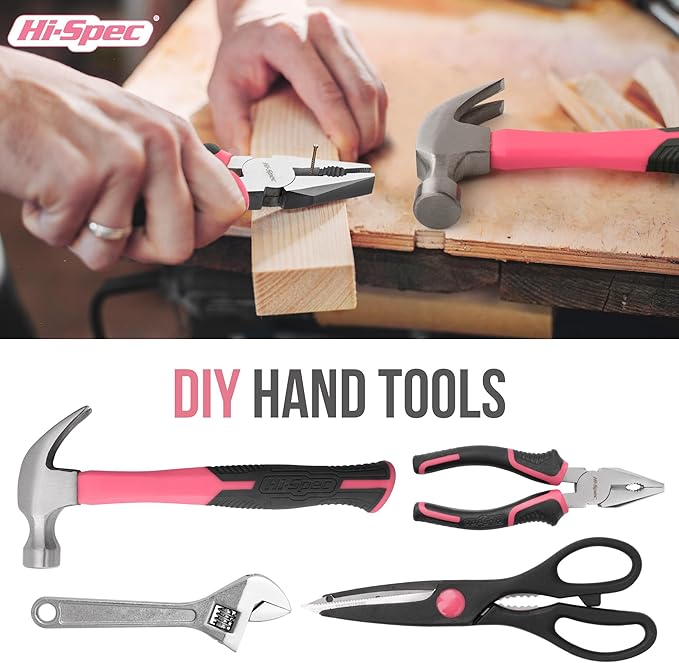 Hi-Spec 54pc Pink Home DIY Repair Tool Kit Set. Women Ladies Beginner Complete Hand Tools in a Portable Toolbox Case for the Household and Office