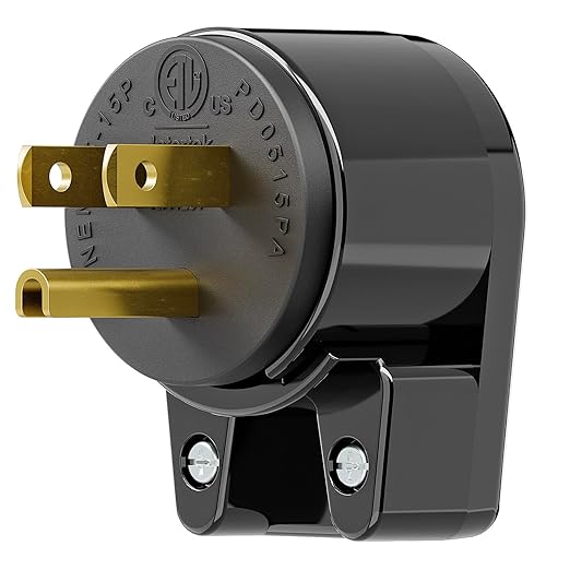 ETL Verified Nema 5-15P 90 Degree Right Angle Plug - 15A, 125V, Black, USA 3-Prong Right Angle AC Plug