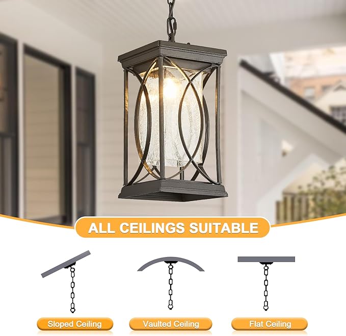 Motion Outdoor Pendant Light Fixtures Dusk to Dawn Exterior Ceiling Hanging Lantern for Porch, Modern Black Outside Chandelier Light with Crack Glass for Front Door Porch Gazebo Foyer Entryway