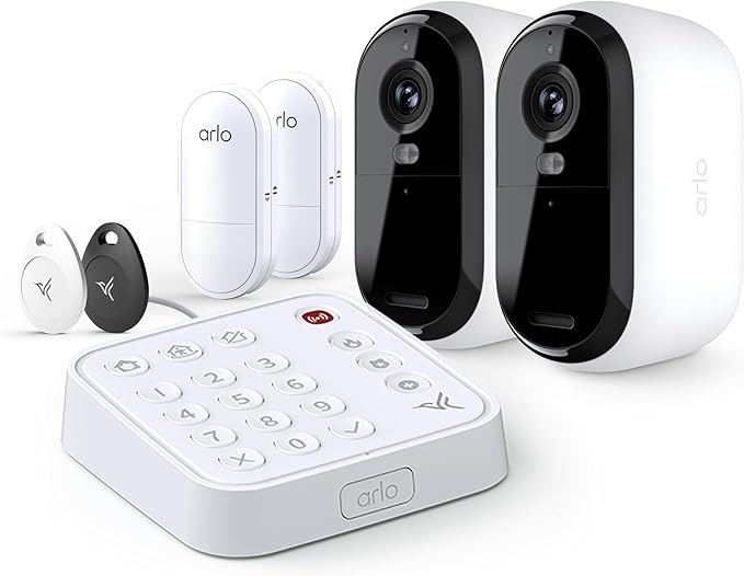 Arlo Home Security Camera & Sensor System - (2) 8-in-1 Sensors + Outdoor 2K (2 Cameras) + Wired Keypad Sensor Hub + Security Tag Bundl - No Contract Cancel Anytime, Alarm System, 24/7 Monitoring
