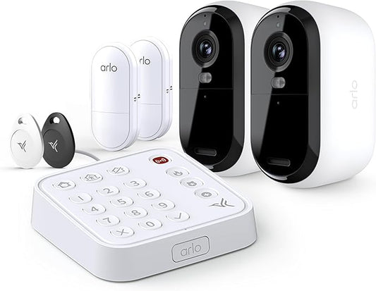 Arlo Home Security Camera & Sensor System - (2) 8-in-1 Sensors + Outdoor 2K (2 Cameras) + Wired Keypad Sensor Hub + Security Tag Bundl - No Contract Cancel Anytime, Alarm System, 24/7 Monitoring