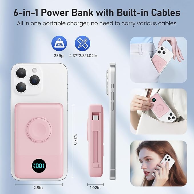Magnetic Portable Charger for iPhone with Built-in Cables, 6-in-1 10800mAh Power Bank with iWatch Charger & LCD Display,25W Fast Charging Battery Pack for iPhone 16/15/14/13/12,Apple Watch (Pink)