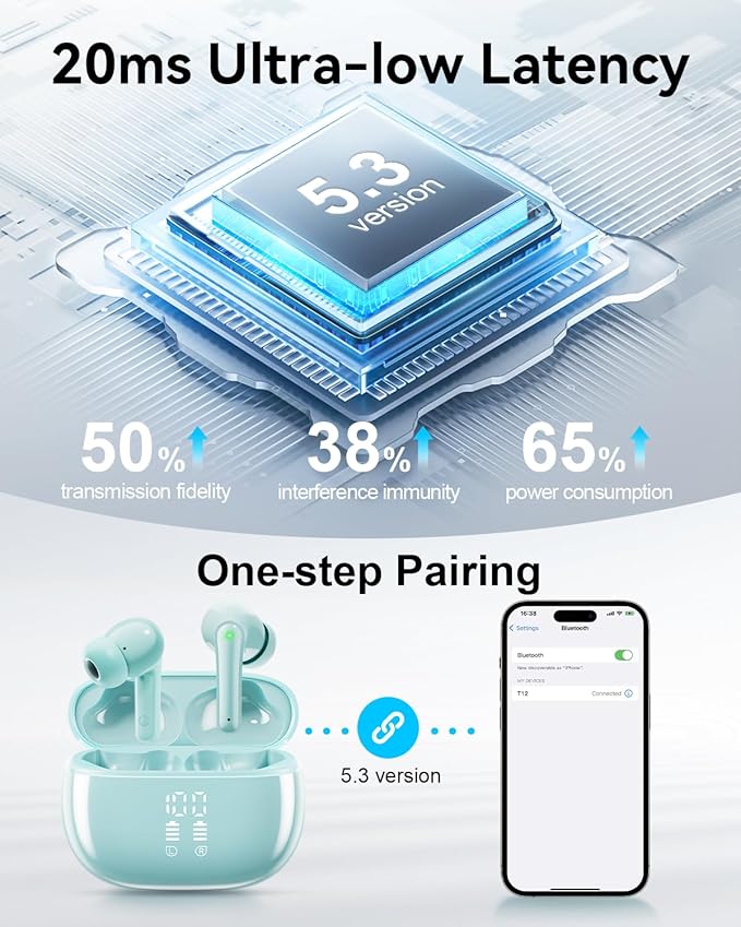 Wireless Earbuds, Bluetooth Ear Buds Headphones with LED Charging Case, Deep Bass Stereo Sound, 40 Hours Playtime, IP7, Lightweight in-Ear Earphones for iPhone Android Sports Workout