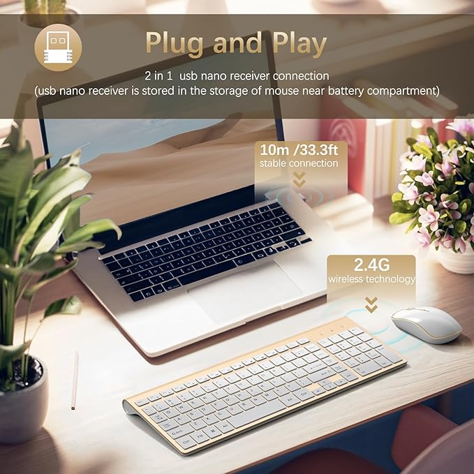 J JOYACCESS Wireless Keyboard and Mouse Combo, Ergonomic and Quiet Wireless Keyboard and Mouse Set, Portable and Customizable DPI for Laptop, Computer and PC(Gold Silver)