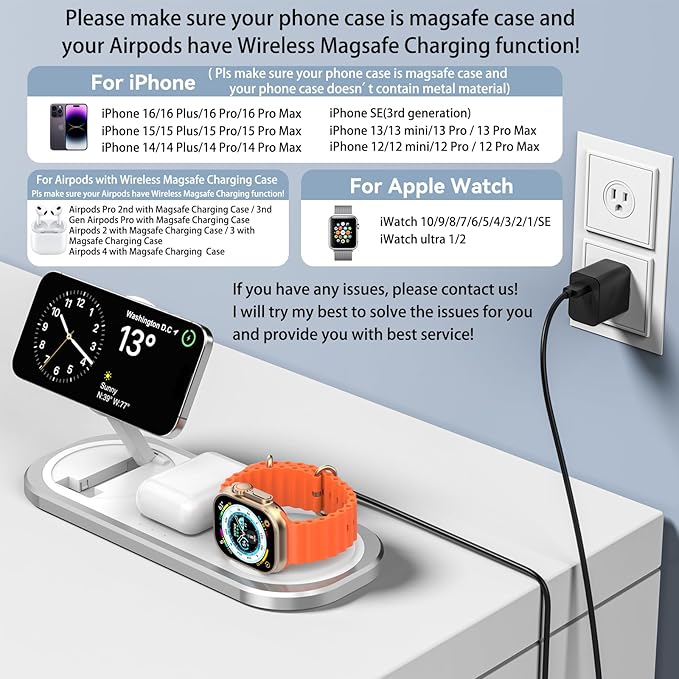 3 in 1 Wireless Charger for iPhone, Foldable Charging Station for Magsafe for iPhone 16/15/14/13/12/Pro Max/Pro/Mini/Plus, Apple Watch 10/9/8/7/SE/6/5/4/3/2/1/Ultra2/Ultra, AirPods pro/2/3/4 (Silver)