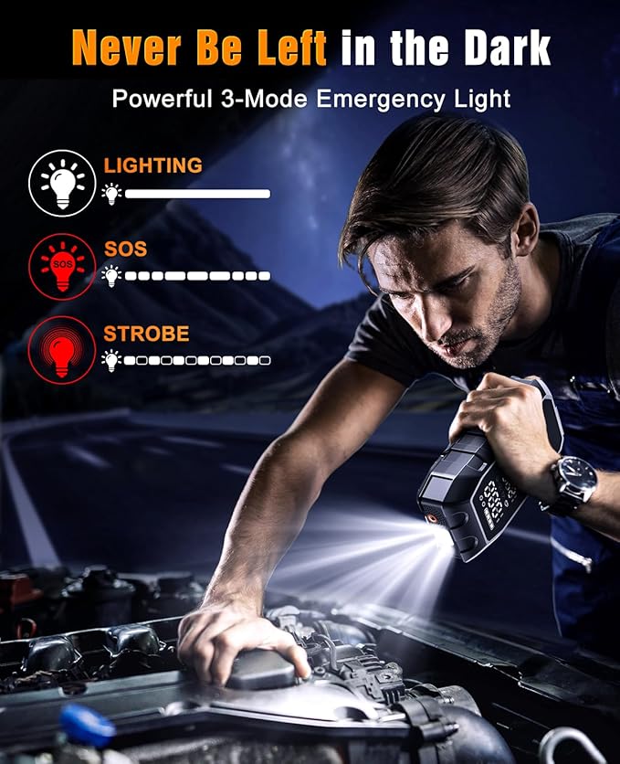 Portable Jump Pack with Air Compressor,65W Fast Charge 180PSI Cordless Electric Tire Inflator with Digital Pressure Gauge,Jump Starter Auto-Off for Car Bicycle Inflatable,Battery Booster with Light