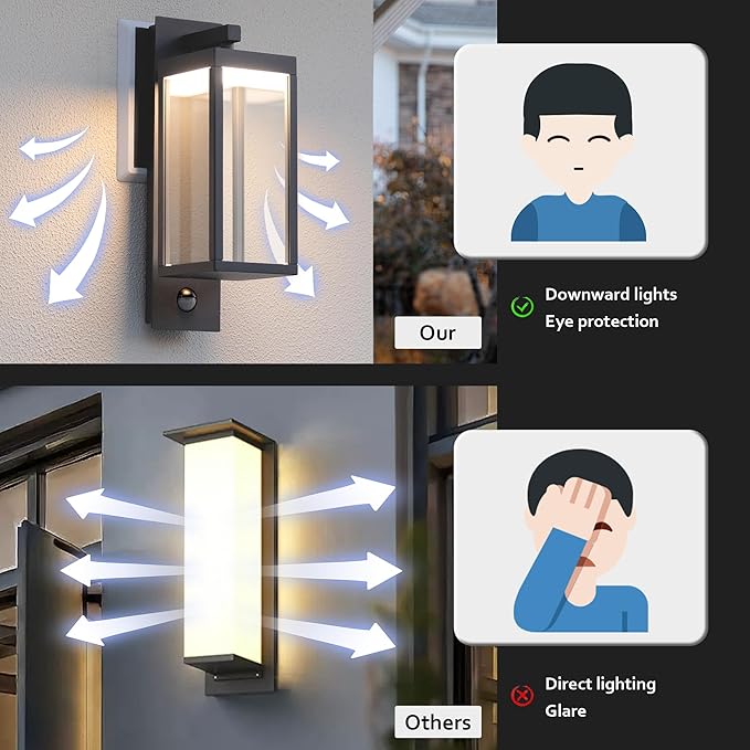 Motion Sensor Outdoor Wall Light, Modern Black Waterproof LED Exterior Sconce - Security Lighting Fixture for Porch Garage Garden Walkway Backyard