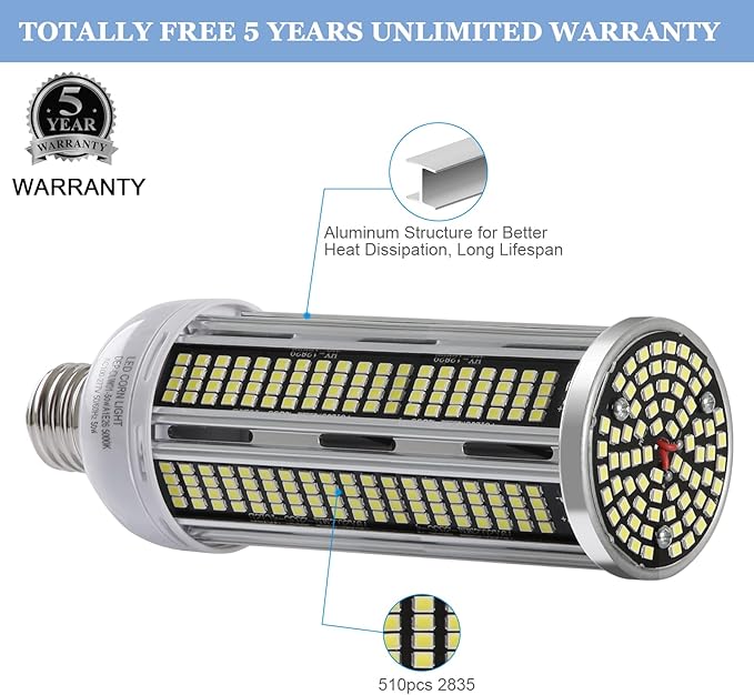 LED Corn Light Bulb 600W Equivalent 7000 Lumen 5000K Daylight White 50W E26/E27 Medium Base Non-dimmable Corn Lighting for Home Garage Warehouse Indoor LED Corn Bulbs Pack of 2