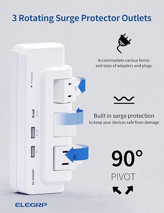 ELEGRP Outlet Extender with Rotating Surge Protector & 3 USB Ports, Multi Plug Adapter - Power Strip for Home, Office, Travel - ETL Listed, White, 3 Pack