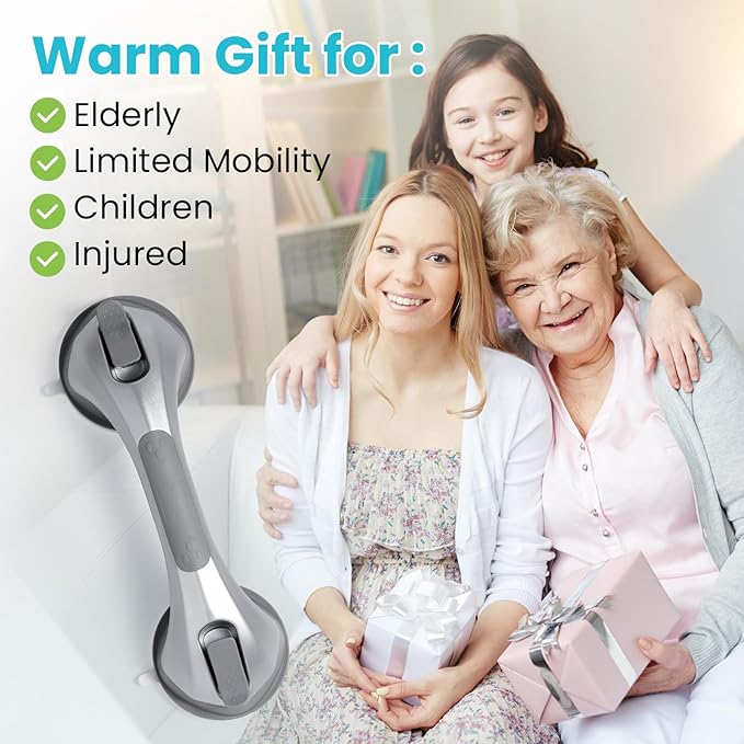 TAILI Shower Handles for Elderly Suction, 2 Pack 12 Inch Shower Grab Bars for Seniors, Grab Bars for Bathtubs and Showers, No Drilling Removable Safety Shower Grip, Silver