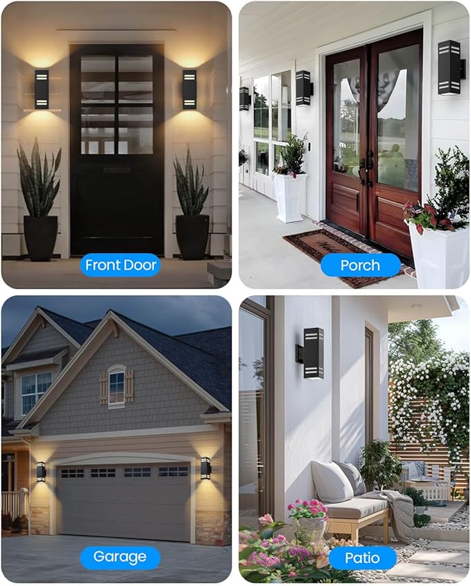 KIZON Outdoor Wall Lights Dusk to Dawn, Modern Outdoor Sconce Up and Down Lighting, Square Matte Black Exterior Lighting Fixture Wall Mount for House Porch, LED Bulbs Included, ETL Listed