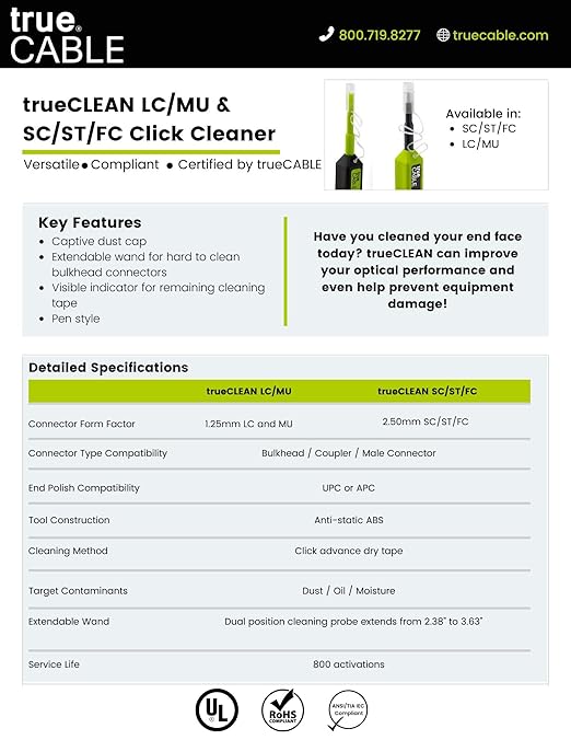 TRUE CABLE Fiber Optic Pen Click Cleaner, Dual Position, 1 PCS, LC/MU, 800+ Cleans, 1.25mm UPC/APC Connector Ferrules, Anti-Static, Endface Cleaning Pen