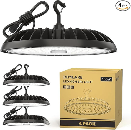 150W 4 Pack LED High Bay Light, 5000K, 22500 lm, IP65 Waterproof, Commercial Lighting for Warehouse, Workshop, Garage, Barn