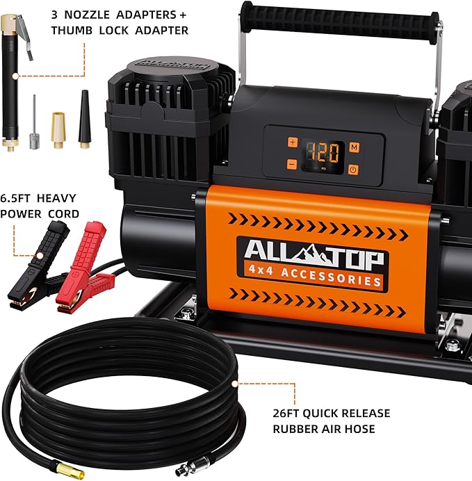 ALL-TOP 12V Air Compressor w/LCD Control Panel to Preset Target Pressure, 150PSI 12.35CFM Air Pump Inflator for Overland (Dual Cylinder)