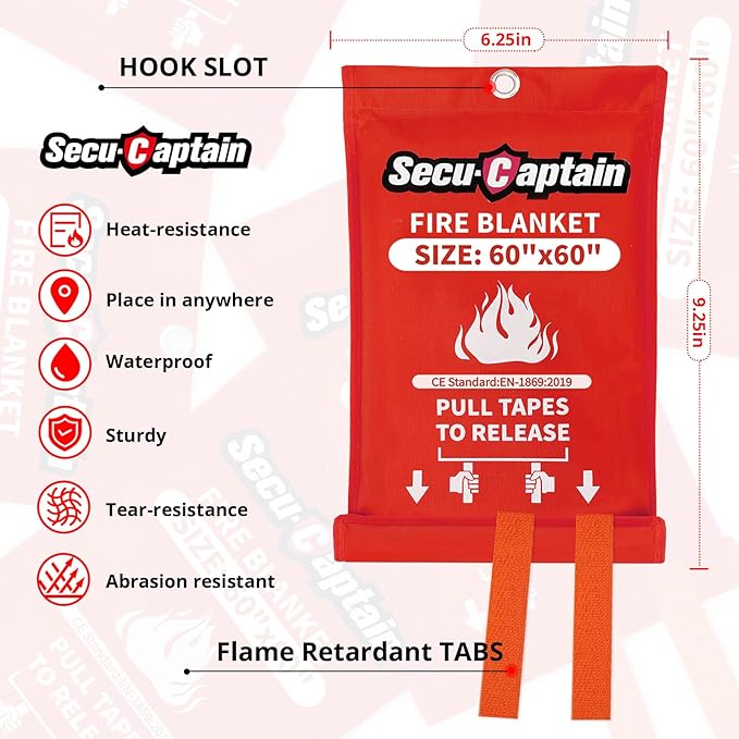 SecuCaptain Emergency Fire Blanket for Home - 60"x60" X-Large 4 Pack Flame Retardant Blankets with Fireproof Tabs for House Camping Kitchen Fire Protection Survival Safety