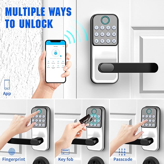 Smart Door Lock With Handle: Keyless Entry With Gateway Sensor - Keypad and Remote Control Digital Lock for Front Door - Compatible With Alexa