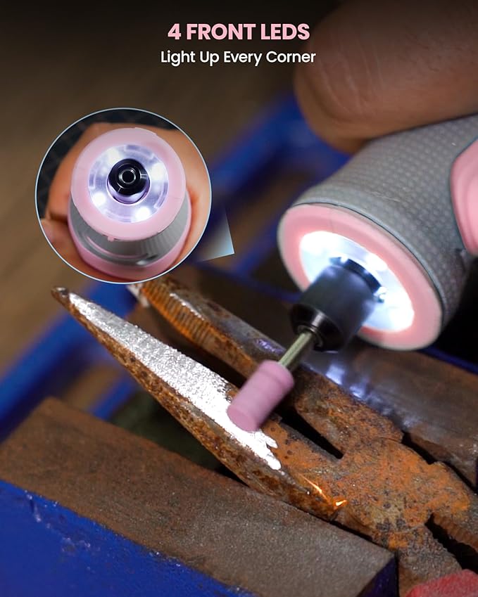 Rotary Tool Kit, Cordless Rotary Tool with LED Lights, 8V, 5-Speed, 5000-28000RPM, 2.0Ah Battery, Upgraded Accessories, for Carving, Engraving, Sanding, Polishing, Cutting and Pet Nails, Pink