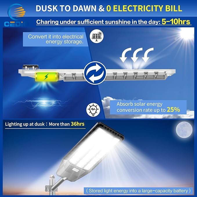 CEDIO Solar Street Lights Outdoor, 9800W Solar Lights Outdoor, 450000 Lumens LED Street Light Waterproof IP67 Dusk to Dawn,LED Flood Light with Motion Sensor (9800W-1PC)