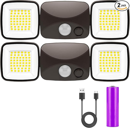 Rechargeable Small Battery Operated Motion Sensor Light 1500LM & 3000LM High Brightness Modes, USB Charging LED Flood Light Outdoor for Garage Entryways Yard Indoor Brown 2Pack