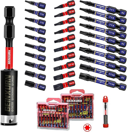 30Pieces (T7-TT40) Screwdriver Bit Set,Impact Magnetic Multi-Torx Head Bits, S2 Alloy Steel Security Star Bits with 1Pc Impact Bit Holder and Storage M-Box