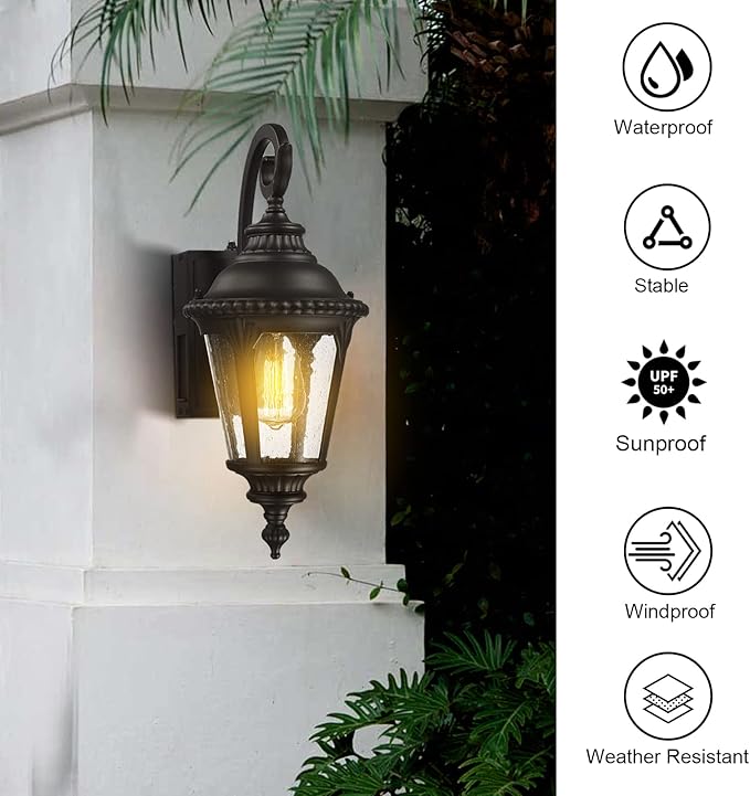 Darkaway Dusk to Dawn Outdoor Porch Light with GFCI Outlet, Waterproof Outdoor Wall Sconce Light Fixture for House, Front Porch, Patio，Black