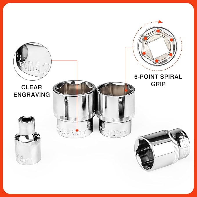 Egofine 20pcs 1/2 Inch Ratchet Socket Wrench Set, Drive Socket Set with 18 Sockets, 8-22mm,24mm,27mm,30mm sockets and 2 Way Quick Released Ratchet Handle and Extension Bar