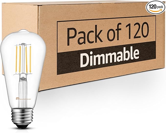 Mastery Mart 120 Pack Vintage LED Light Bulb 2700K Soft White, Dimmable, 5.5W (60 Watt Equivalent), ST21/ ST64 Clear Glass Antique Edison Style, 500LM E26 Decorative Filament Bulb