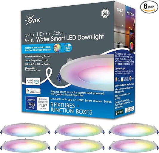 GE CYNC Reveal HD+ Wafer Smart LED Downlight Fixture, Color Changing Lights, WiFi and Bluetooth LED Lights, 16 Watts, Compatible with Alexa and Google Home, 4 Inches (6 Pack)