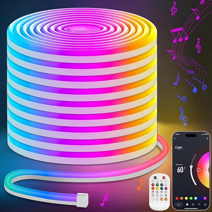 Lamomo 65.6Ft LED Strip Lights, RGB Neon Rope Light with App Remote Control, Music Sync Color Changing Waterproof Flexible Led Light Strip, Cuttable Gaming 24V Neon Lights for Bedroom Indoor