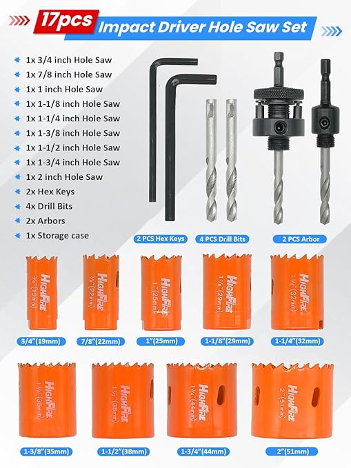 HIGHFIRE 17 Pcs 1/4" Hex Shank Hole Saw Kit for Impact Driver, 3/4" to 2" Bi-Metal Heavy Duty Hole Cutter for Metal, Wood and Plastic, Smooth and Precise, Fast Chip Removal.