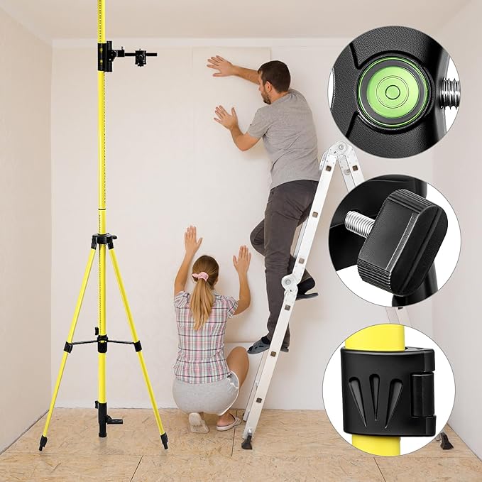 QWORK Laser Level Pole, 12 Ft./3.7M Adjustable Telescoping Laser Pole with Tripod, 1/4-Inch by 20-Inch Mount, Includes 5/8"-11 Adapter
