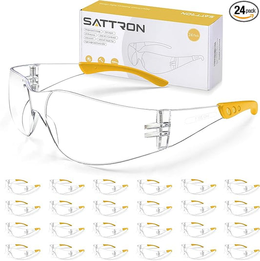 Clear Safety Glasses 24PK, Protective Eyewear Polycarbonate Lens with Rubber Temples ANSI Z87.1 Anti-Scratch Impact Resistant Eye Protection for Man Woman Clear Lens/Yellow Frame