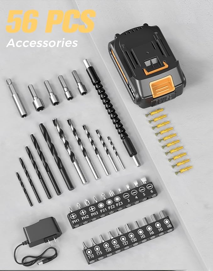Cordless Drill, 20V MAX Power Drill Set with 2.0Ah Power Pack & Charger, 3/8 Inch Keyless Chuck, Variable Speed, 25+1 Position and 56PCS Bits/Screws, Power Tools for Home Projects