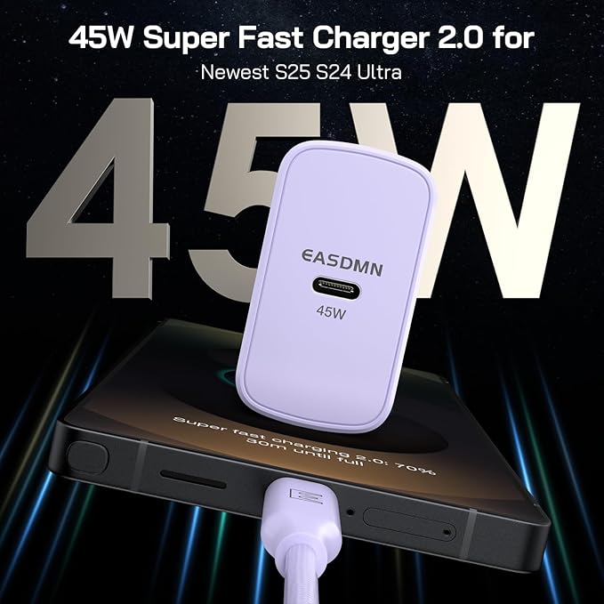 45W Super Fast Charger Type C, [2 Pack] 45 Watt USB-C Charger PD/PPS Wall Charging Block for Samsung Galaxy S25 Ultra/S24/S23 Ultra/S23+/S22 Ultra/S22+/S20 Ultra, Tab S8(Purple, with 2X 6.6ft Cable)