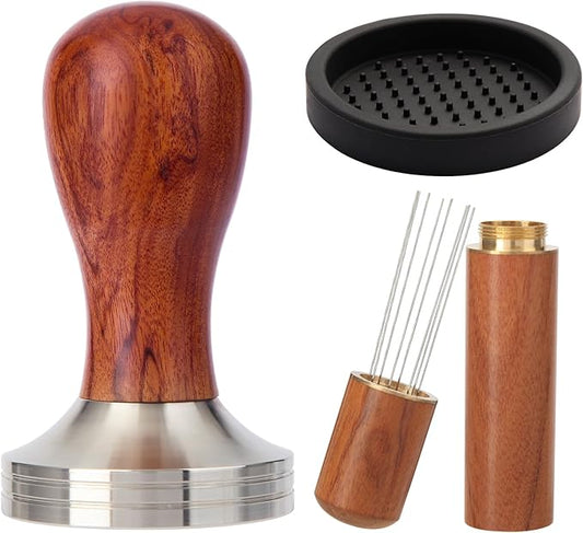 53mm Espresso Tamper Kit, Hard Wood Espresso Tamper Tool & Powder Press Pad & 8-Needles Espresso Stirrers For 53 mm Portafilter