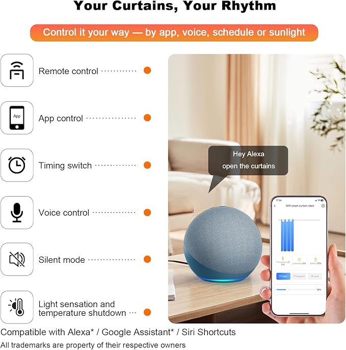 Automatic Curtain Opener - Electric Curtains with Remote Smart Curtain Opener Electronic for Roman Rails, Bluetooth Curtains Opener with App/Timer, Compatible with Alexa and Google Home