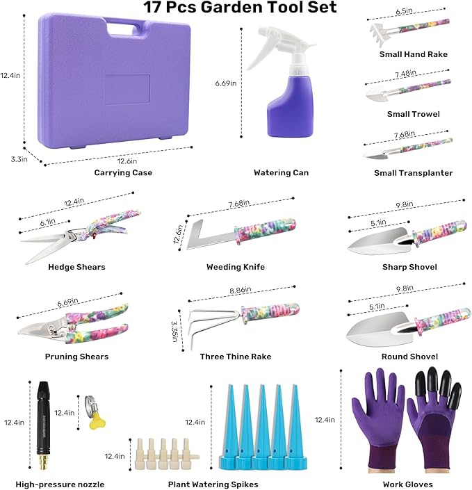 Garden Tool Set, 17-Piece Garden Tools with Floral Print, 304 Stainless Steel Garden Tools Set, Gardening Kit Gardening Gifts for Women, Purple