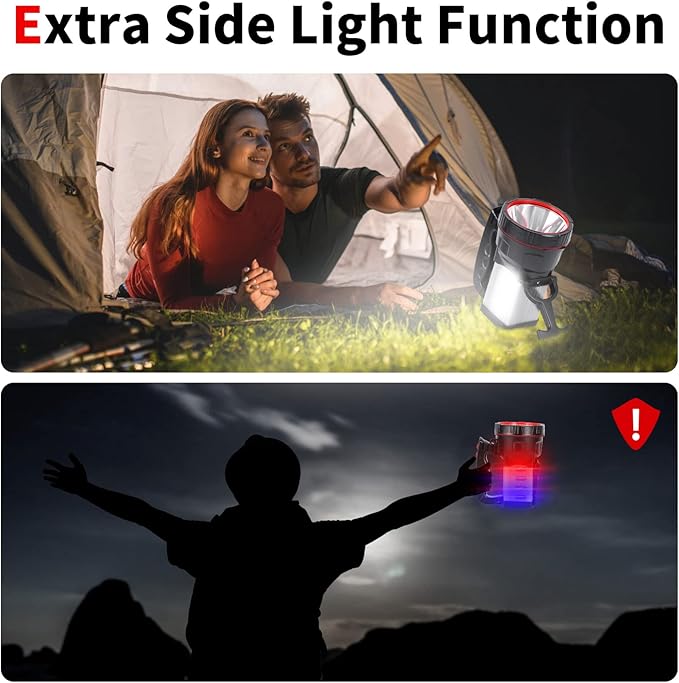 Superbright LED Handheld Searchlight Tactical Waterproof Spotlight High Power Rechargeable Flashlights with Side Light USB Power Charger (White Light)