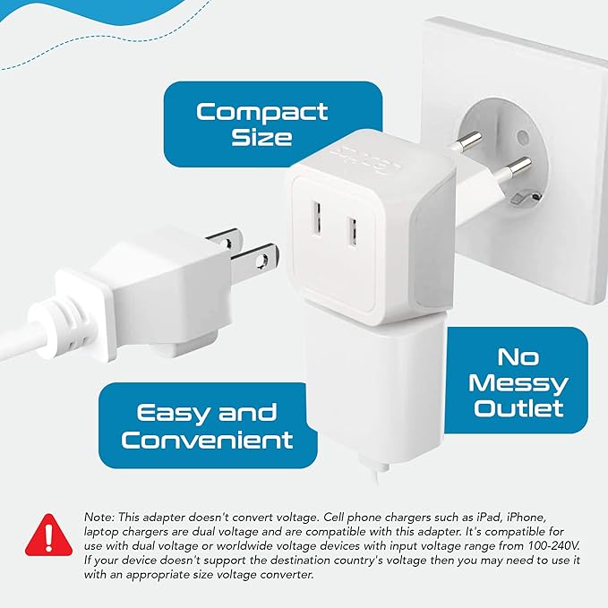 Ceptics European Travel Plug Adapter Europe Power Adaptor Charger Dual Input - Ultra Compact - Light Weight - USA to any Type C Countries such as Italy, Iceland, Austria and More (CT-9C), white